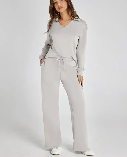 Two-Piece Set | V-Neck Sweatshirt & Wide-Leg Trousers