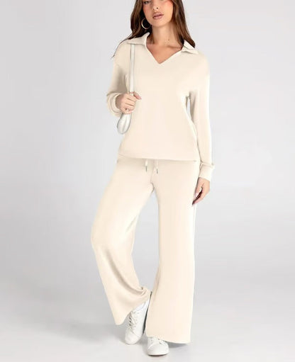 Two-Piece Set | V-Neck Sweatshirt & Wide-Leg Trousers