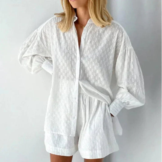 Sets | Women’s Relaxed Textured Shirt and Shorts Two-Piece Set