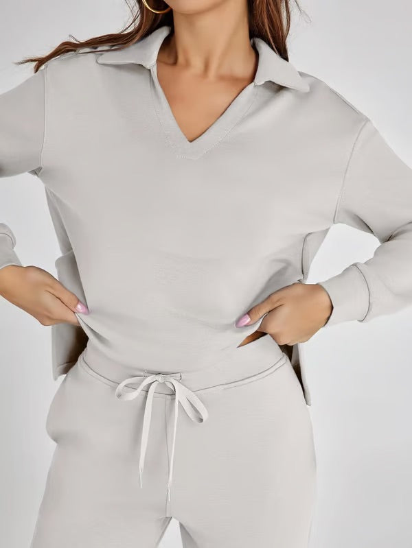 Two-Piece Set | V-Neck Sweatshirt & Wide-Leg Trousers