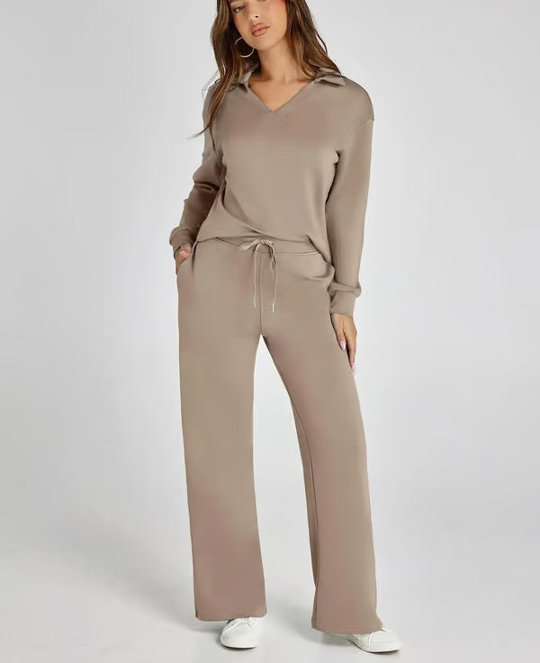 Two-Piece Set | V-Neck Sweatshirt & Wide-Leg Trousers