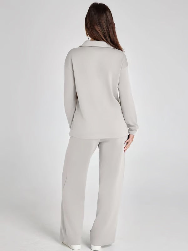 Two-Piece Set | V-Neck Sweatshirt & Wide-Leg Trousers