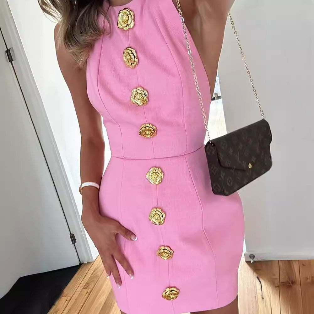 Dresses | Women’s Elegant Backless Mini Dress with Gold Button Details