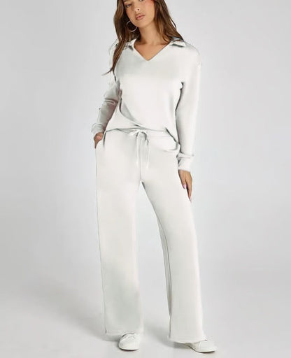 Two-Piece Set | V-Neck Sweatshirt & Wide-Leg Trousers