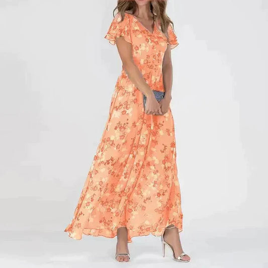 Dresses | Women’s Flutter Sleeve Floral Print Chiffon Maxi Dress