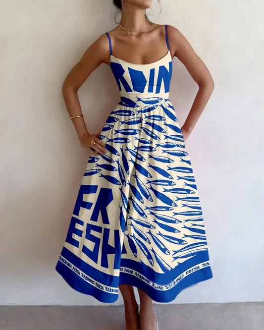 Midi Dress | Abstract Fish Print with Strappy Bodice