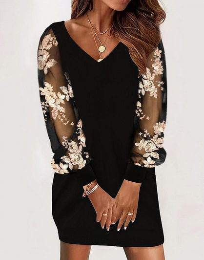 Dresses | Women’s Mini Dress with Sheer Floral Sleeves and V-Neck