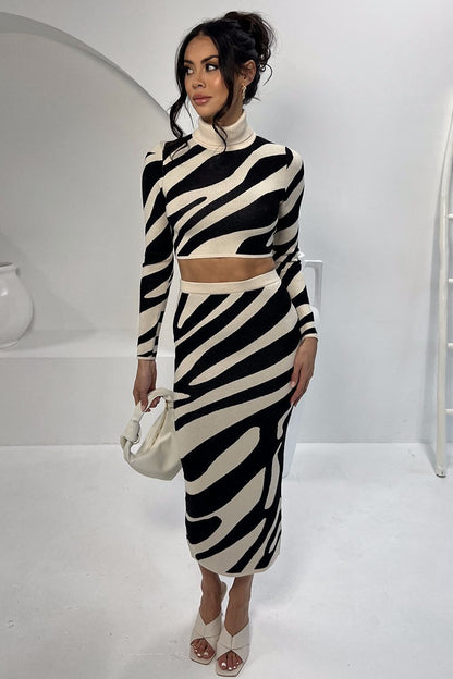 Sets | Women’s Striped Mock Neck Crop Top and Midi Skirt Set