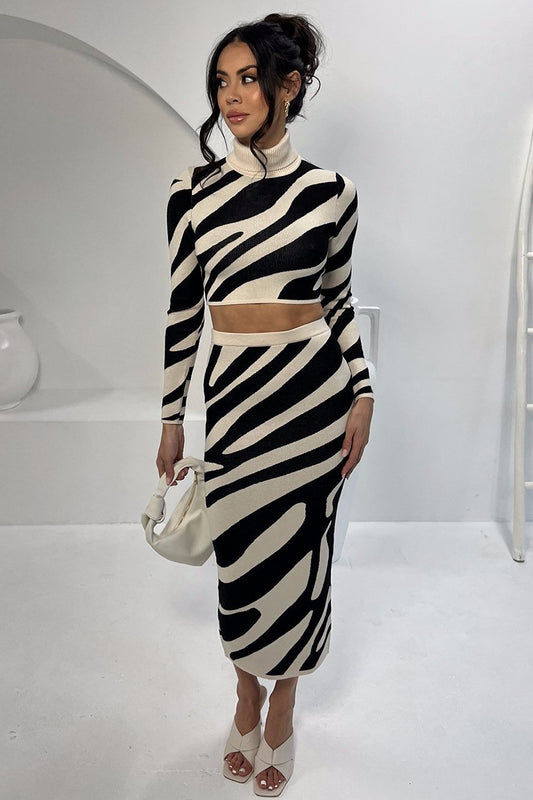 Sets | Women’s Striped Mock Neck Crop Top and Midi Skirt Set