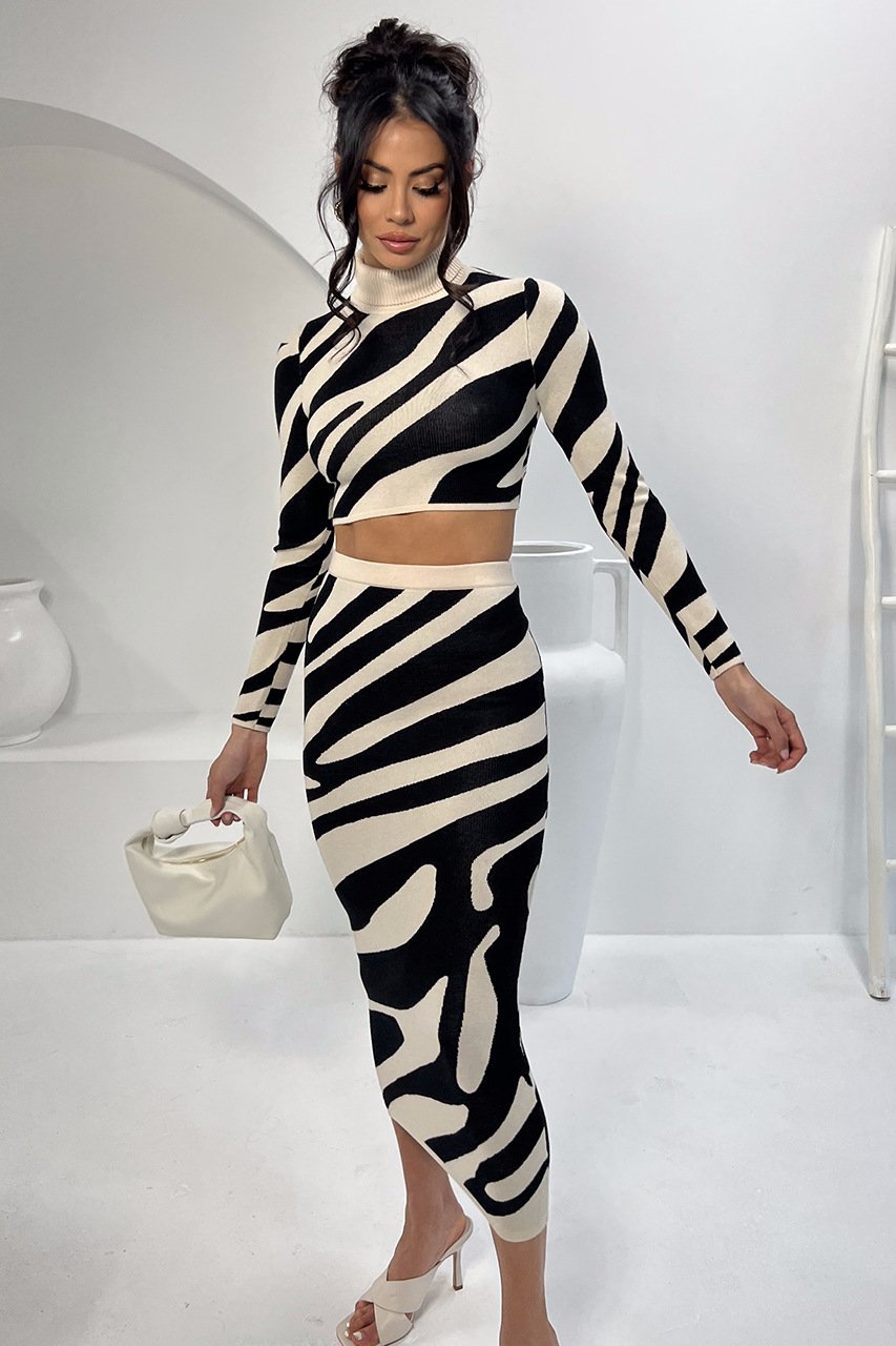 Sets | Women’s Striped Mock Neck Crop Top and Midi Skirt Set