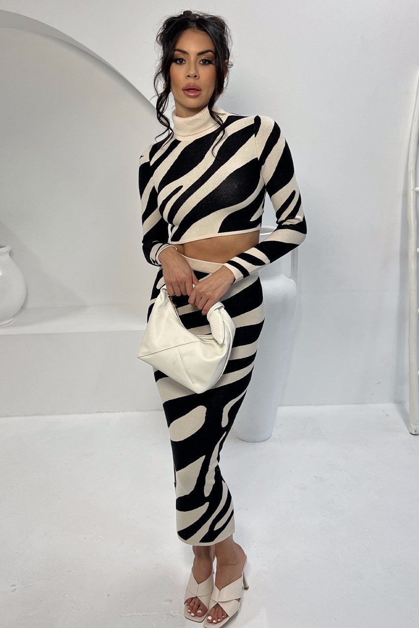 Sets | Women’s Striped Mock Neck Crop Top and Midi Skirt Set