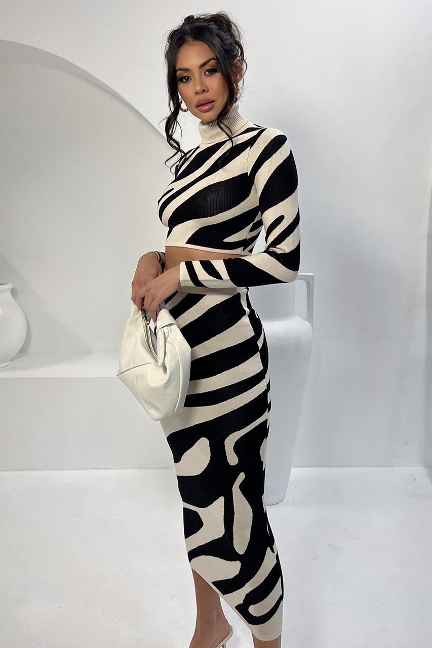 Sets | Women’s Striped Mock Neck Crop Top and Midi Skirt Set