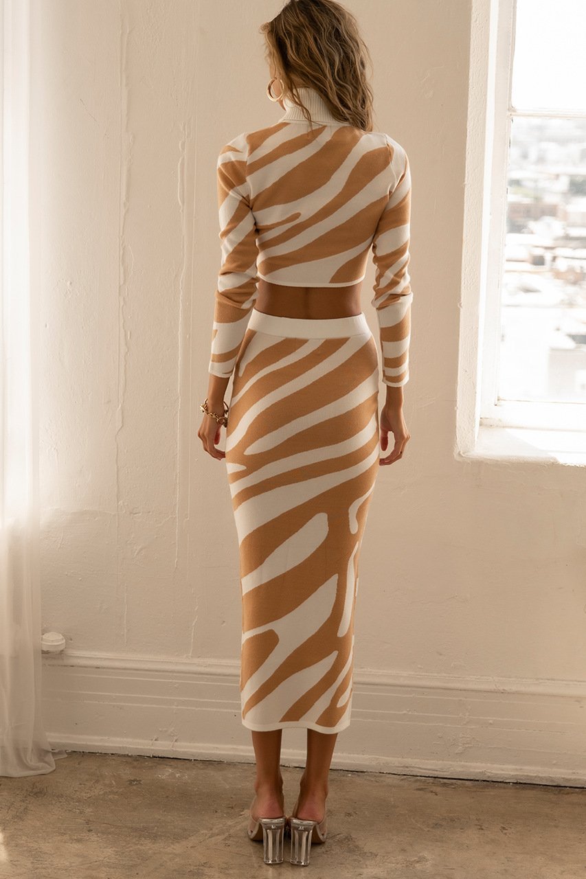 Sets | Women’s Striped Mock Neck Crop Top and Midi Skirt Set