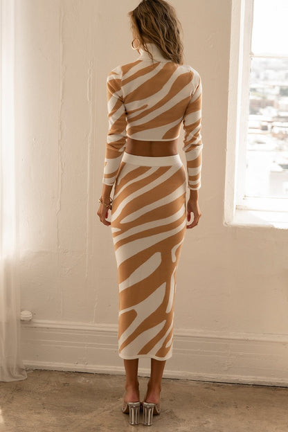 Sets | Women’s Striped Mock Neck Crop Top and Midi Skirt Set