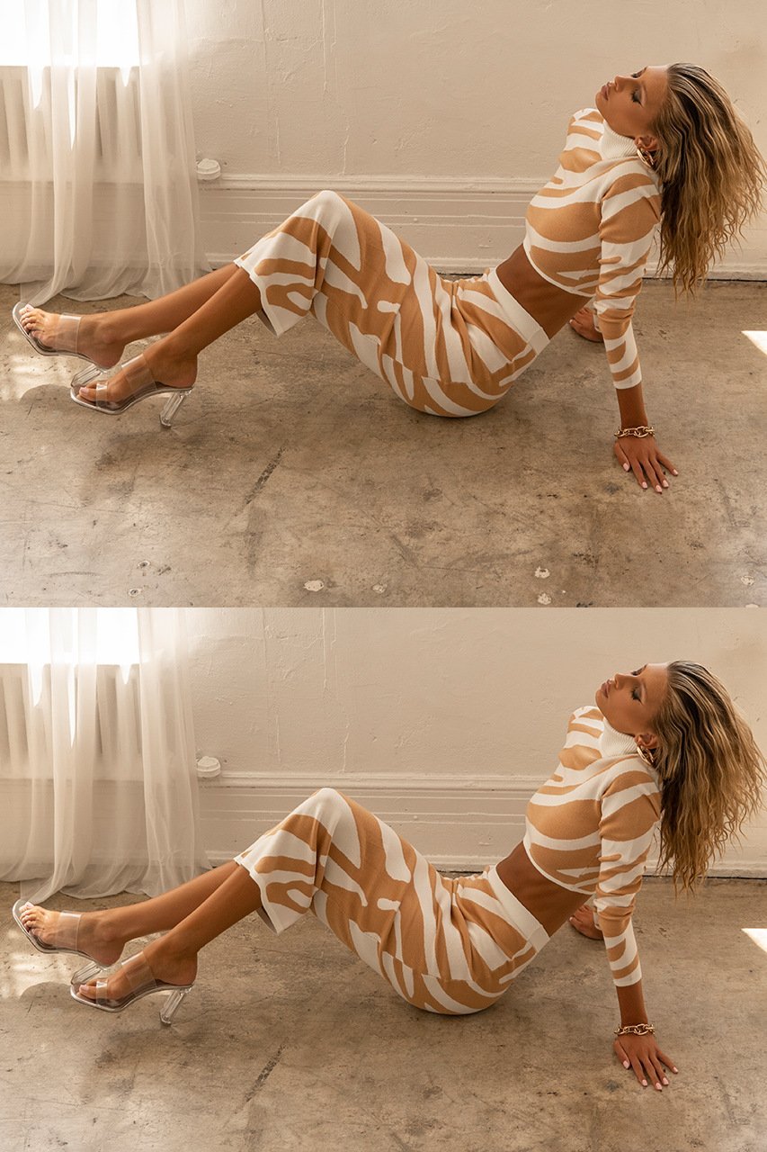 Sets | Women’s Striped Mock Neck Crop Top and Midi Skirt Set