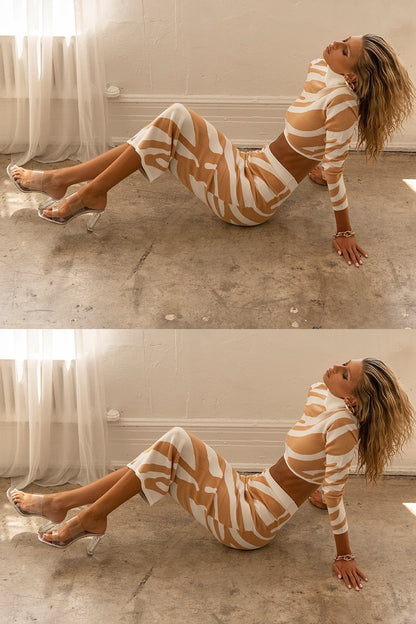 Sets | Women’s Striped Mock Neck Crop Top and Midi Skirt Set