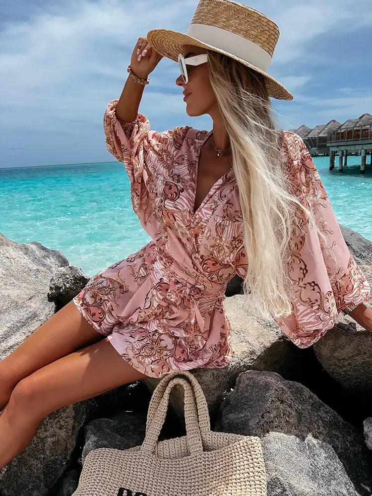 Rompers | Women’s Boho Floral Long Sleeve Ruffle Hem Romper