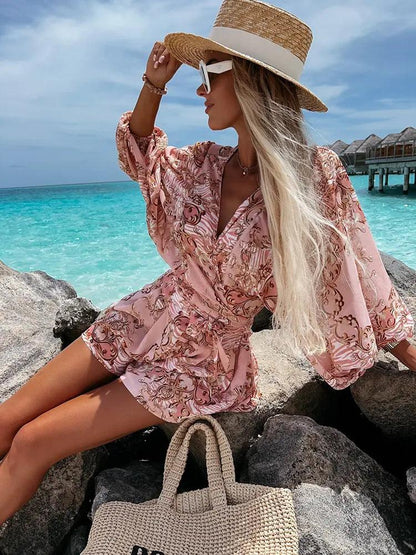 Rompers | Women’s Boho Floral Long Sleeve Ruffle Hem Romper