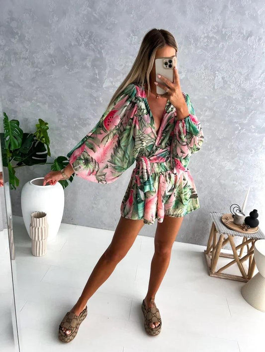 Rompers | Women’s Boho Floral Long Sleeve Ruffle Hem Romper