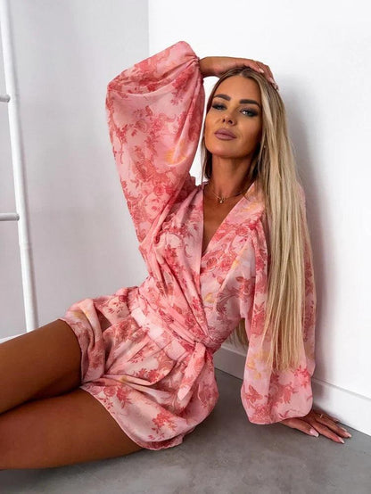 Rompers | Women’s Boho Floral Long Sleeve Ruffle Hem Romper