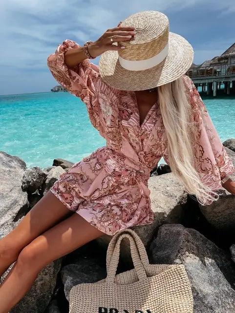 Rompers | Women’s Boho Floral Long Sleeve Ruffle Hem Romper