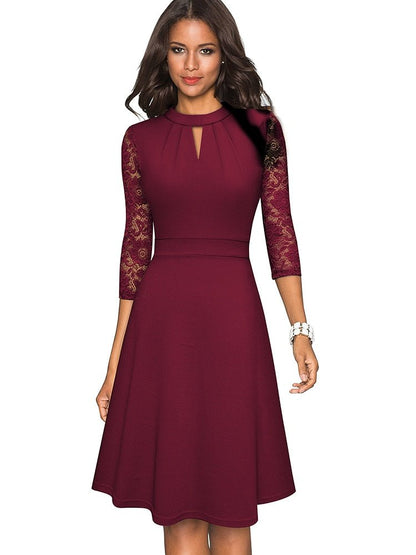 Dresses | Women’s Lace Sleeve Keyhole Neck A-Line Midi Dress