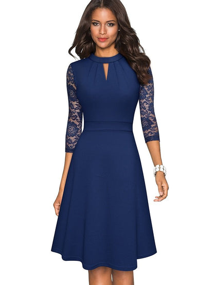 Dresses | Women’s Lace Sleeve Keyhole Neck A-Line Midi Dress